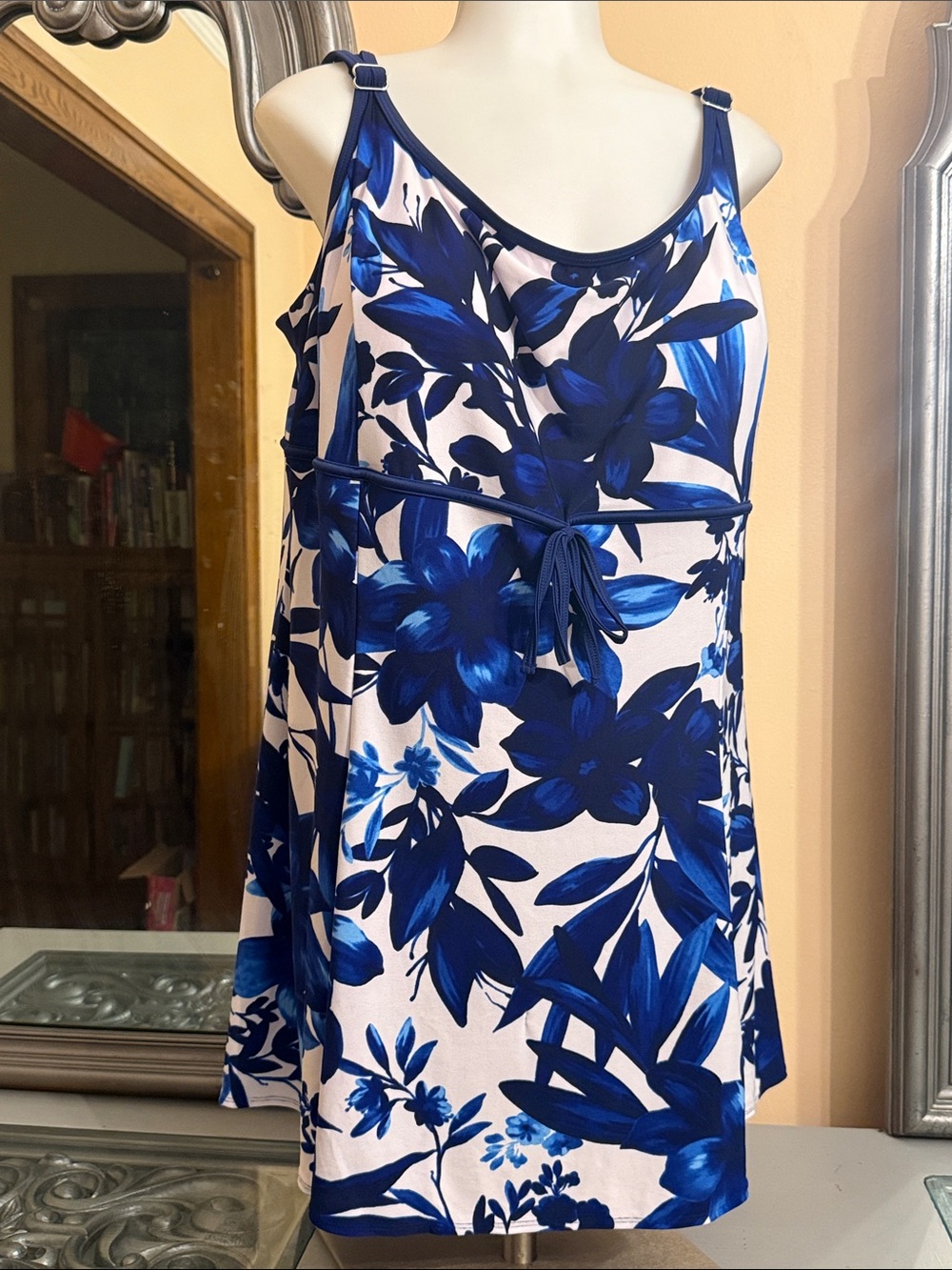 Great Lengths by Longitude 24 Princess Seam Blue White Floral Mini Swim Dress